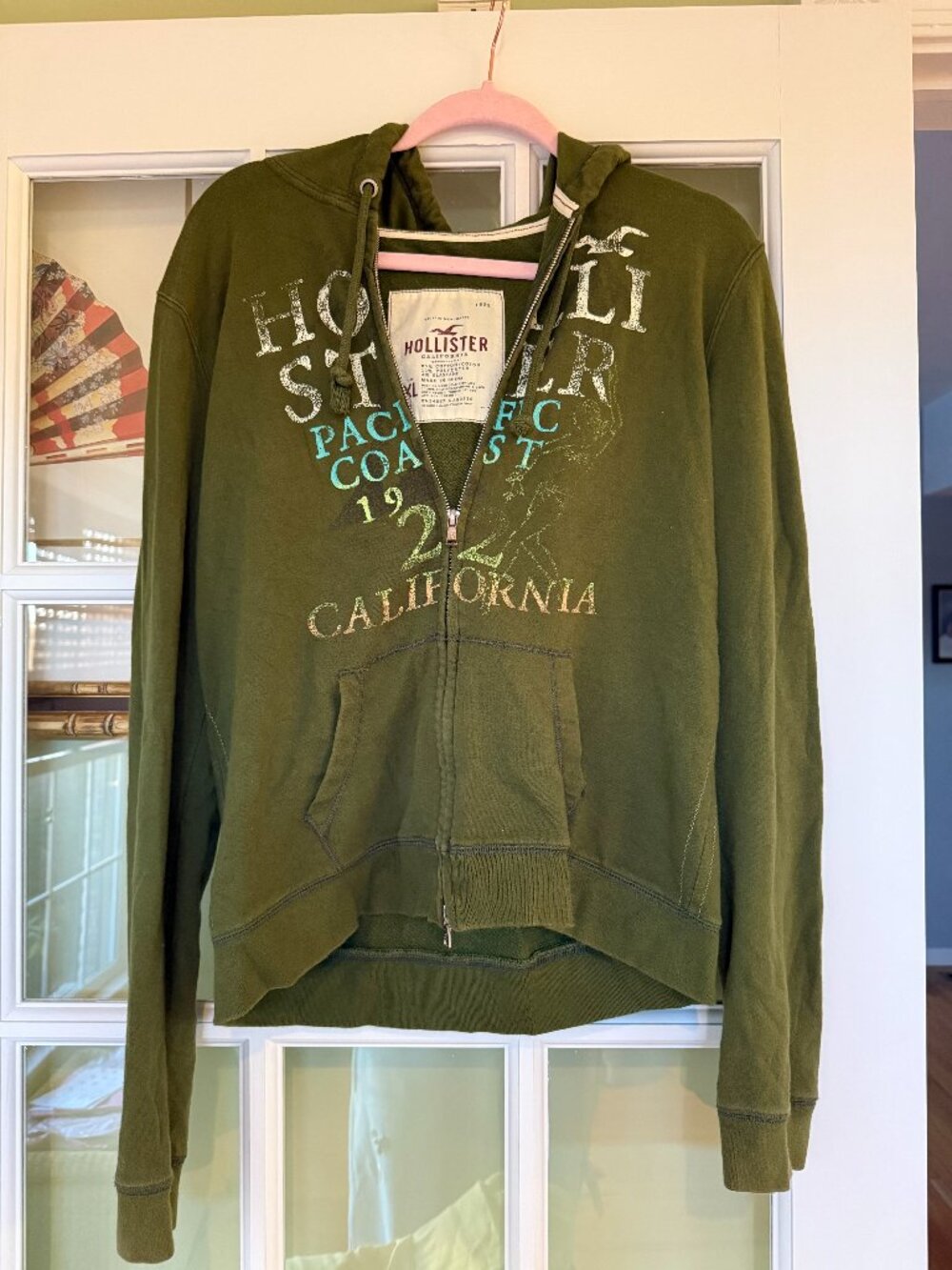 Vintage Y2K Hollister Olive Green Full-Zip Graphic Hoodie
